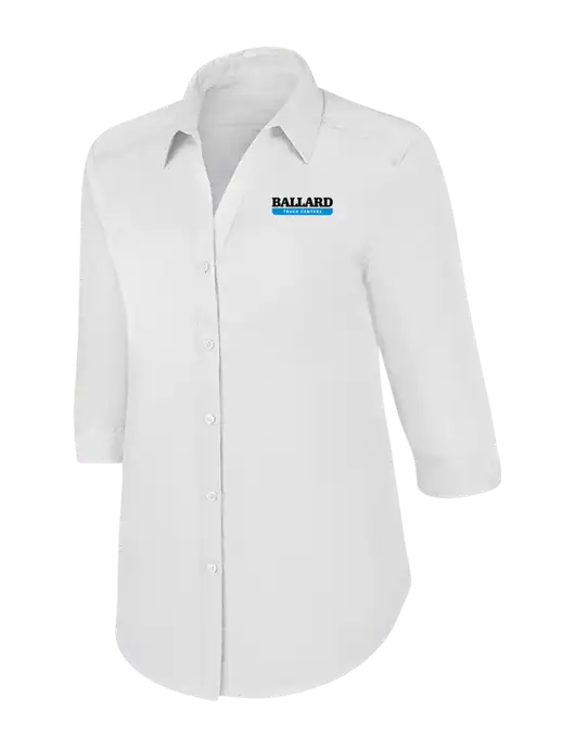 Womens White 3/4 Sleeve Carefree Poplin Shirt w/Ballard Truck Centers Logo