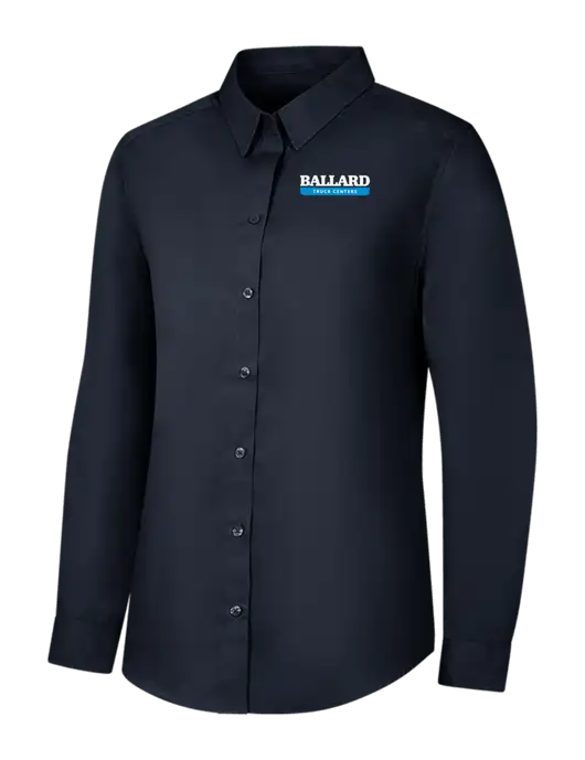 Womens River Blue Navy Long Sleeve Carefree Poplin Shirt w/Ballard Truck Centers Logo