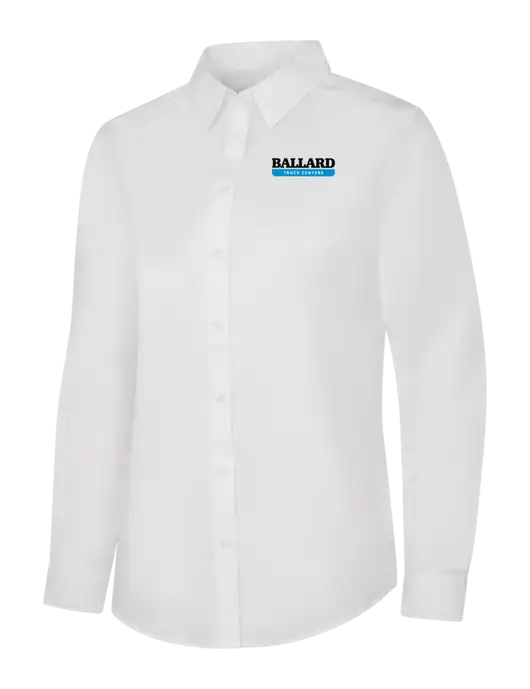 Womens White Long Sleeve Carefree Poplin Shirt w/Ballard Truck Centers Logo