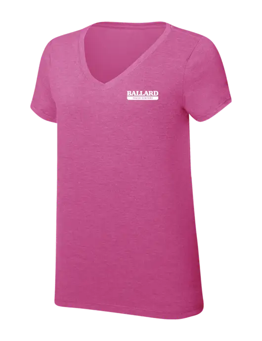 Womens Simply Soft V-Neck Fuschia Frost 4.5oz  Poly/Combed Ring Spun Cotton T-Shirt w/Ballard Truck Centers Logo