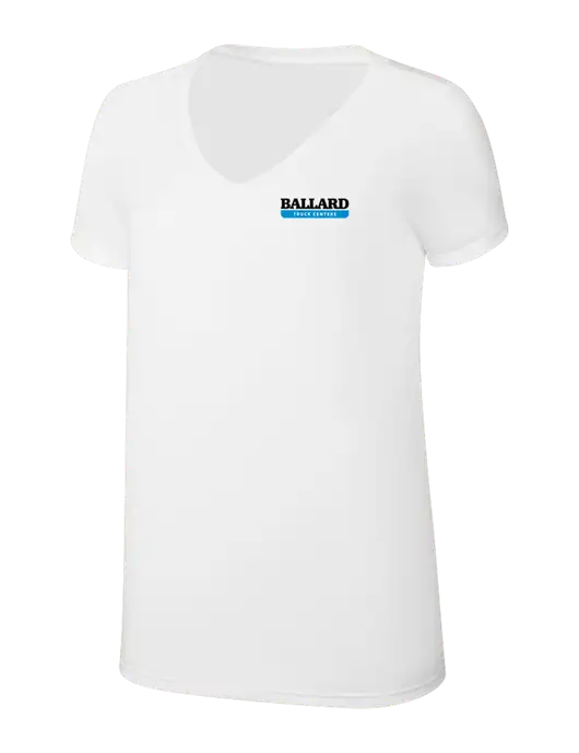 Womens Simply Soft V-Neck White 4.5oz  Poly/Combed Ring Spun Cotton T-Shirt w/Ballard Truck Centers Logo