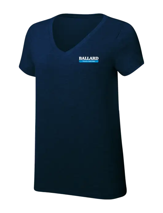 Womens Simply Soft V-Neck New Navy 4.5oz  Poly/Combed Ring Spun Cotton T-Shirt w/Ballard Truck Centers Logo