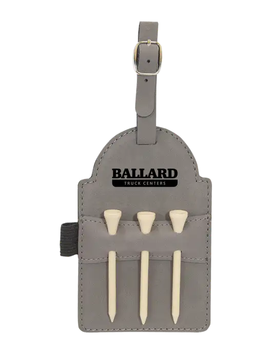 Grey Leatherette Golf Bag Tag with 3 Wooden Tees w/Ballard Truck Centers Logo