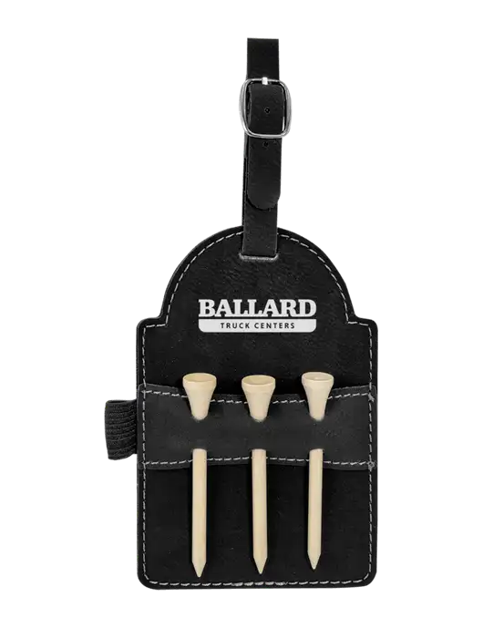 Black Leatherette Golf Bag Tag with 3 Wooden Tees w/Ballard Truck Centers Logo
