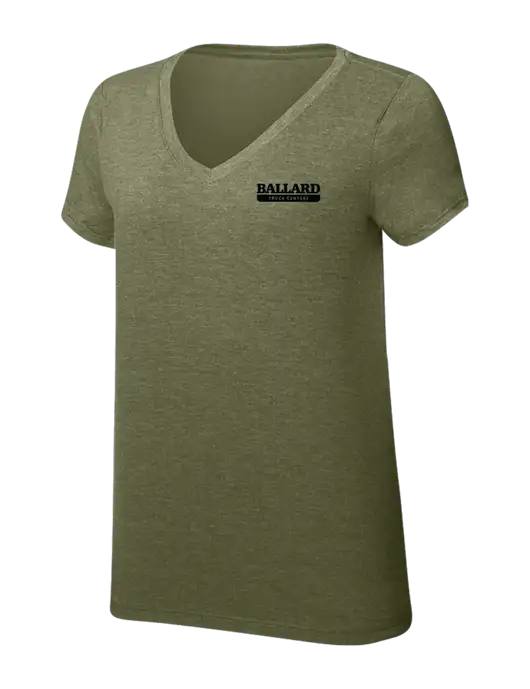 Womens Simply Soft V-Neck Military Green Frost 4.5oz  Poly/Combed Ring Spun Cotton T-Shirt w/Ballard Truck Centers Logo