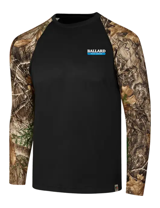 Russell Outdoors Black/Realtree Edge Camo Colorblock Performance Long Sleeve T-Shirt w/Ballard Truck Centers Logo