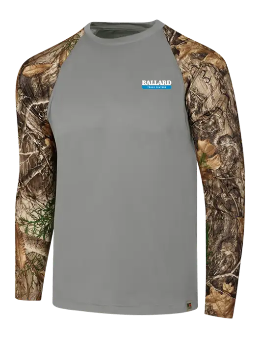 Russell Outdoors Medium Grey/Realtree Edge Camo Colorblock Performance Long Sleeve T-Shirt w/Ballard Truck Centers Logo