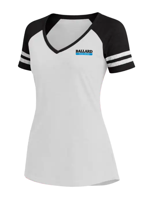 Womens White/Black V-Neck Game Tee w/Ballard Truck Centers Logo