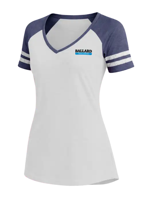 Womens White/Navy Heather V-Neck Game Tee w/Ballard Truck Centers Logo