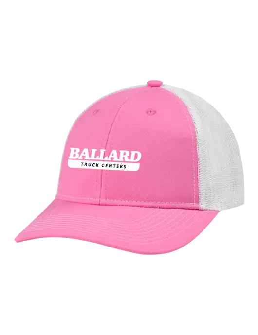 Snapback Ponytail Trucker Cap Pink/White Mesh w/Ballard Truck Centers Logo